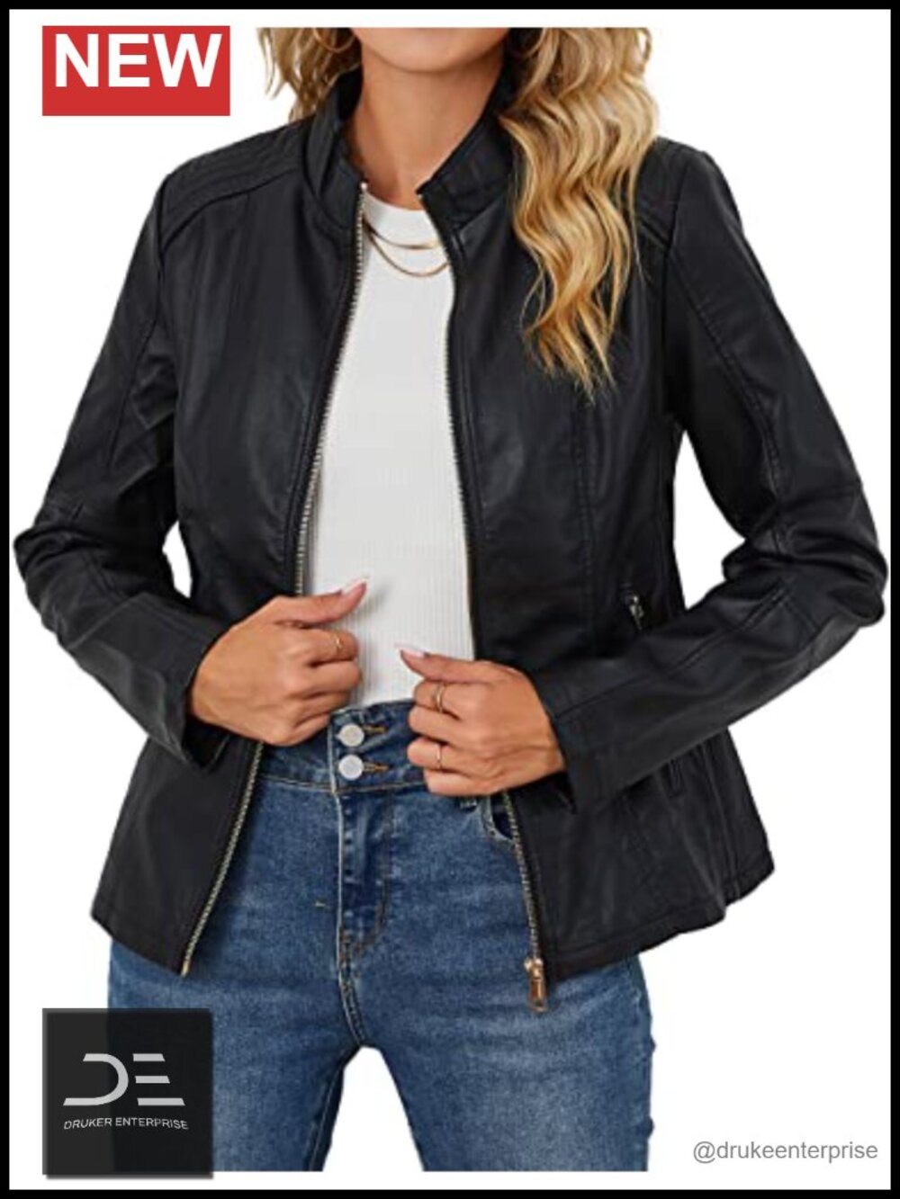 Faux Leather Moto Biker Jacket Stand Collar Zip Pockets Women